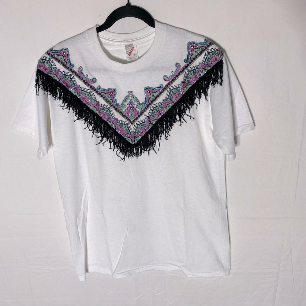 Vintage 90s Jerzees White T Shirt W Fringe & Paint Western L Stampede Festival